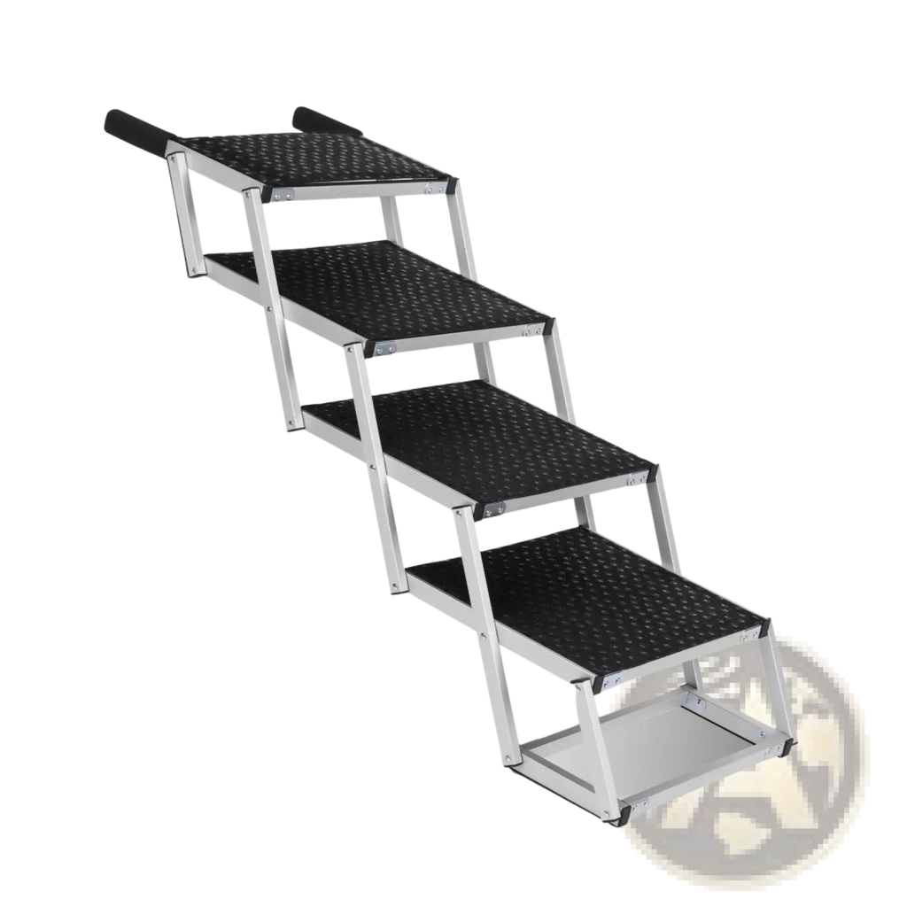 Silver aluminum foldable dog ramp with four black textured steps and rubber handles for cars and suvs 250lb capacity