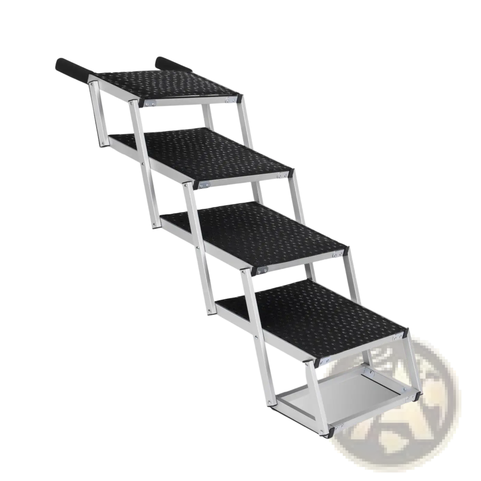 Silver aluminum foldable dog ramp with four black textured steps and rubber handles for cars and suvs 250lb capacity