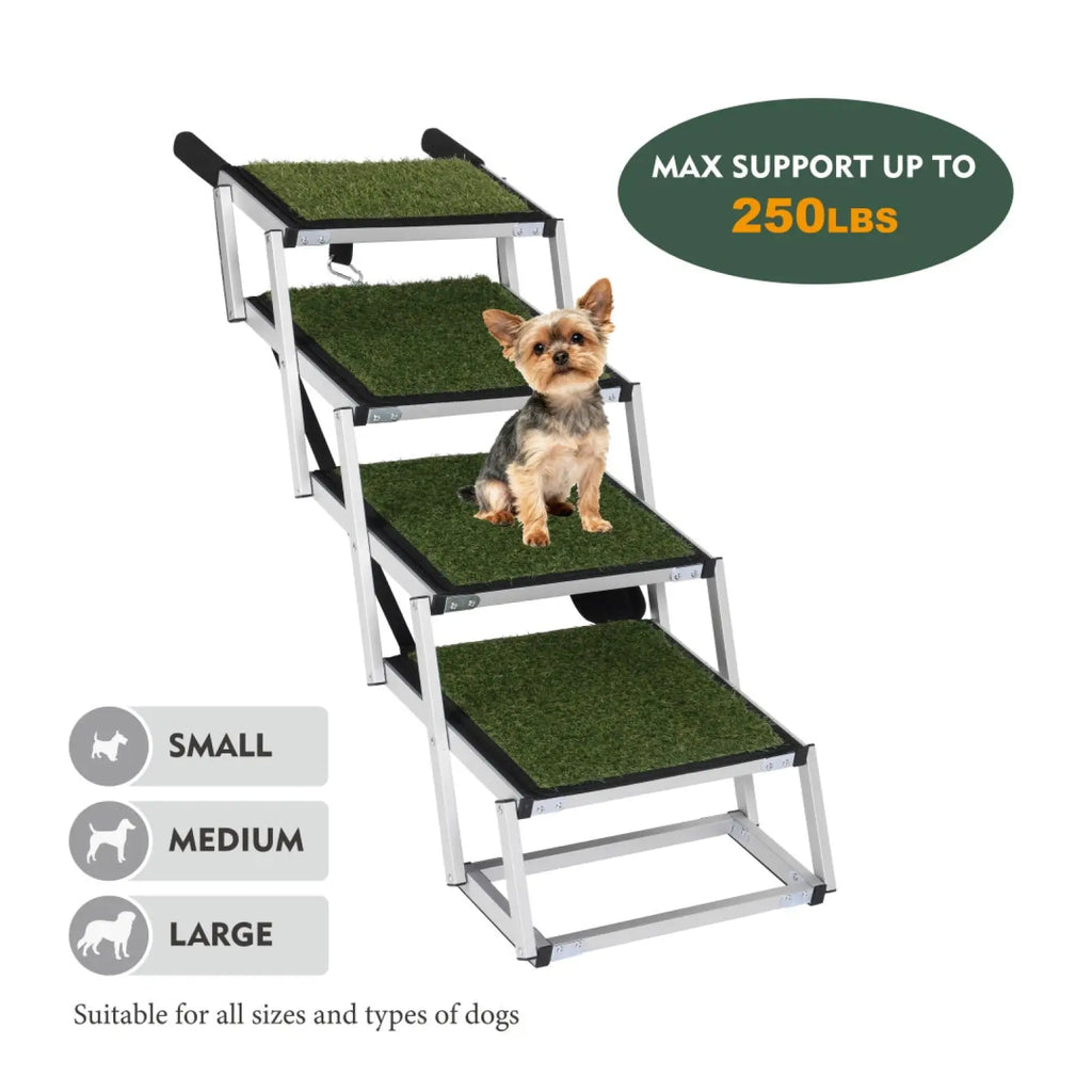 Silver-framed foldable dog ramp with four artificial grass steps and black rubber edges for cars and suvs 250lb capacity