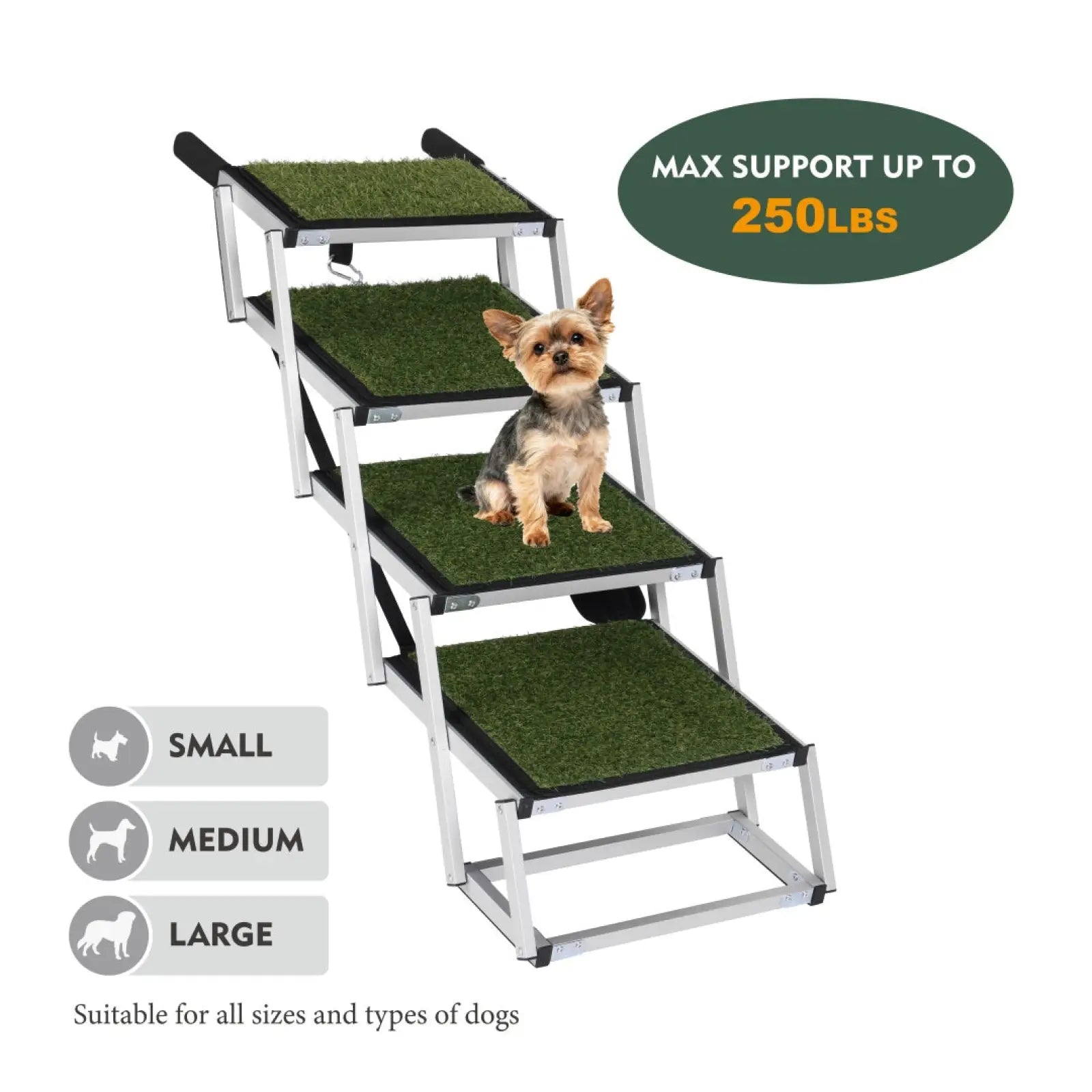 Silver-framed foldable dog ramp with four artificial grass steps and black rubber edges for cars and suvs 250lb capacity