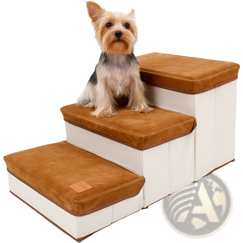 Foldable dog stairs with plush suede-like brown and white fabric steps supporting up to 25kg capacity