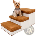 Foldable dog stairs with plush suede-like brown and white fabric steps supporting up to 25kg capacity