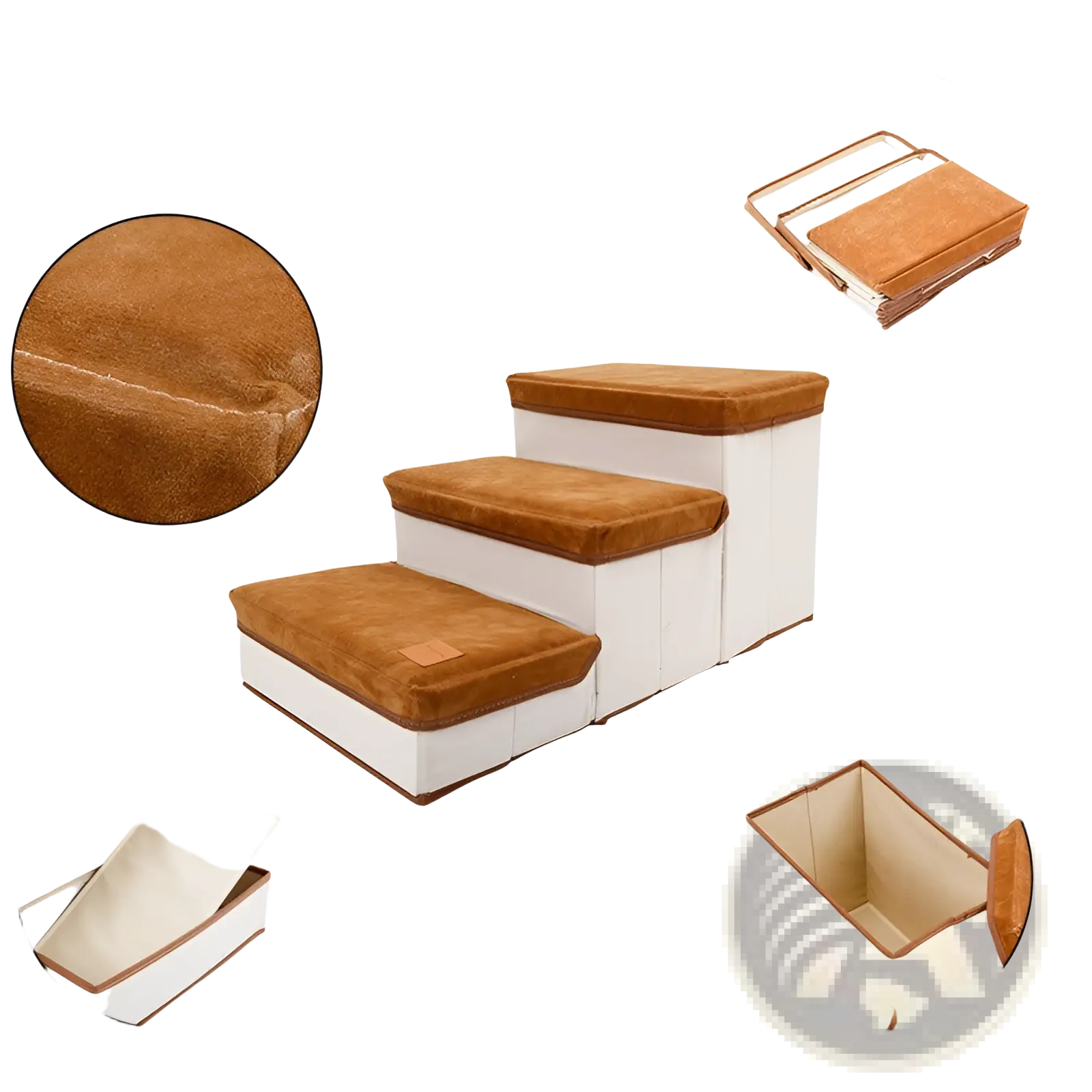 Foldable dog stairs with brown suede cover white fabric sides and plush design supporting up to 25kg capacity