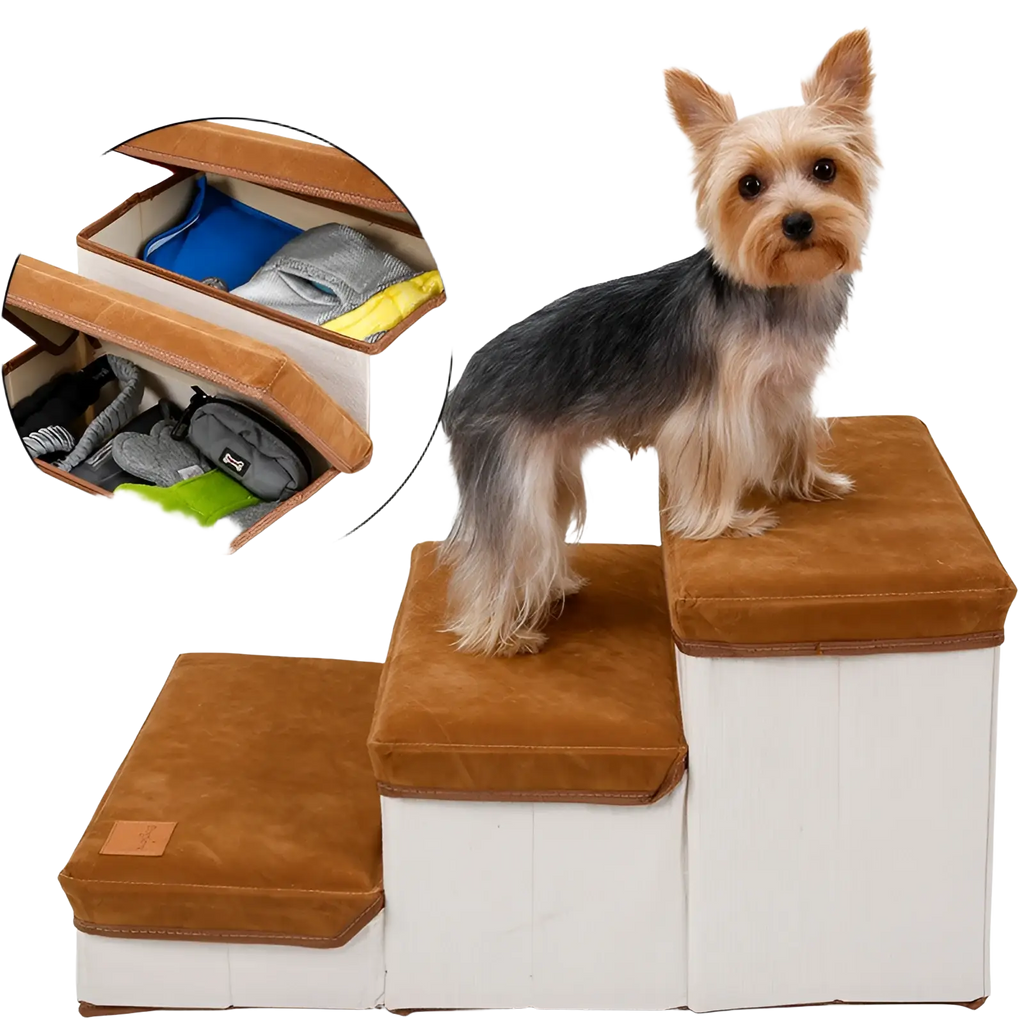 Brown and white fabric foldable dog stairs with cushioned plush steps and 25kg weight capacity for pets