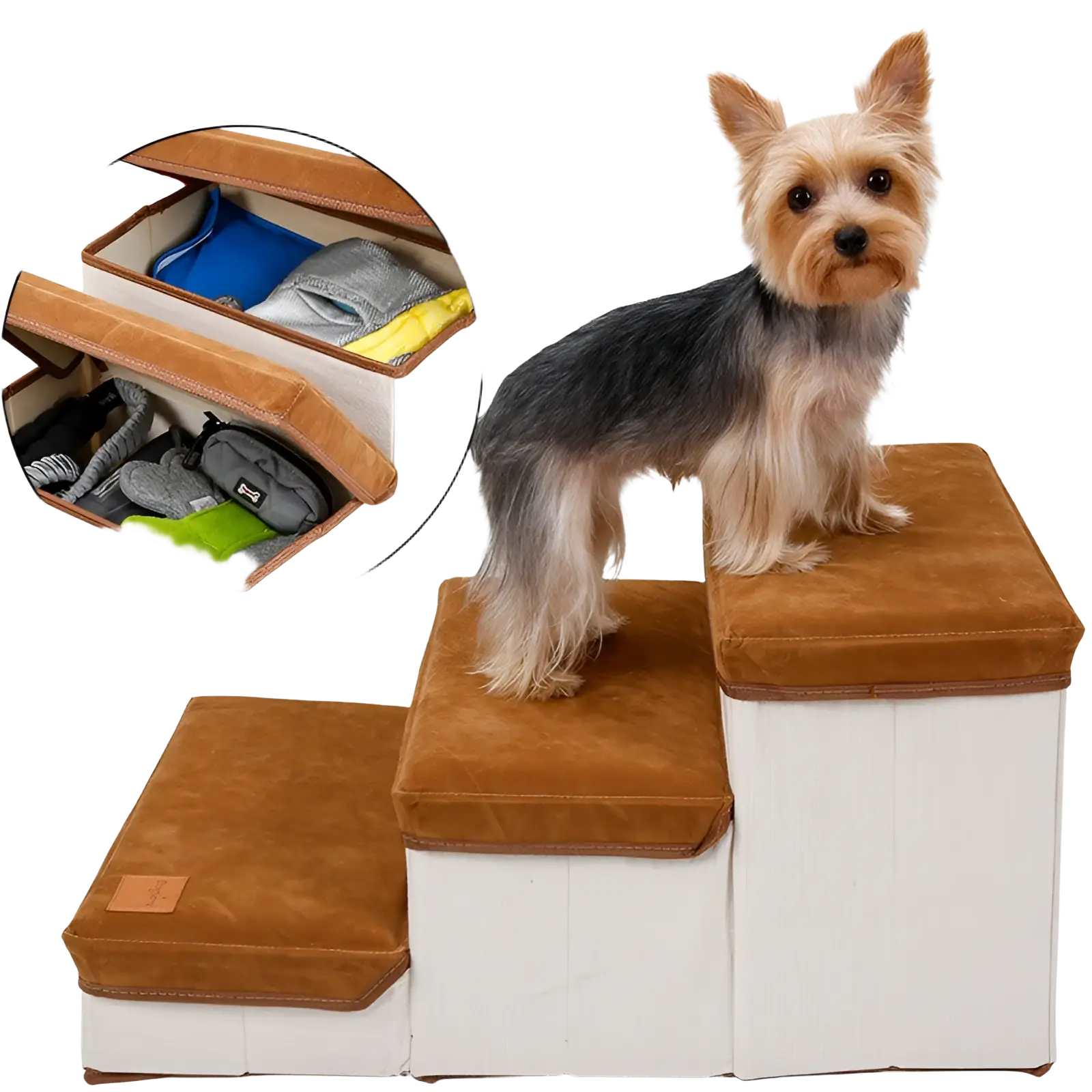 Brown and white fabric foldable dog stairs with cushioned plush steps and 25kg weight capacity for pets