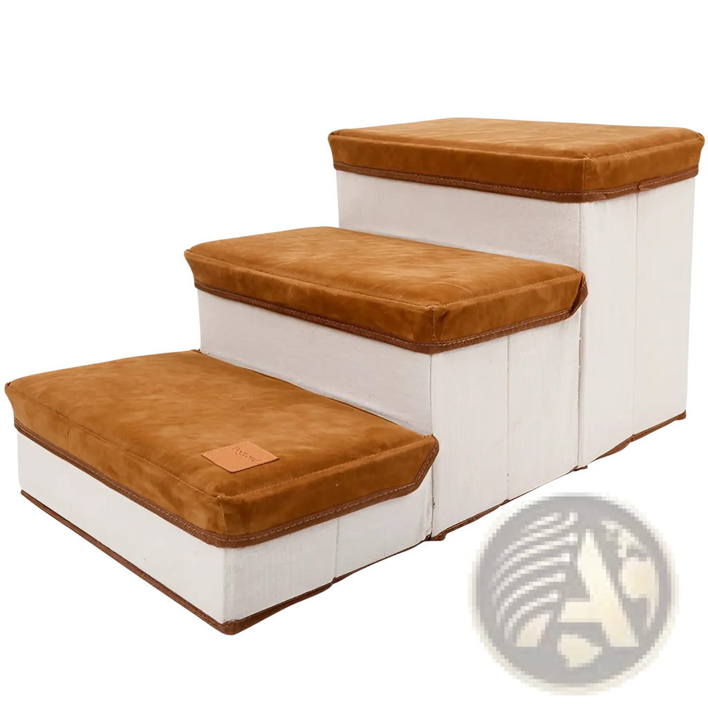 Foldable dog stairs with brown suede cushioned steps and white fabric sides with brown trim supporting 25kg capacity