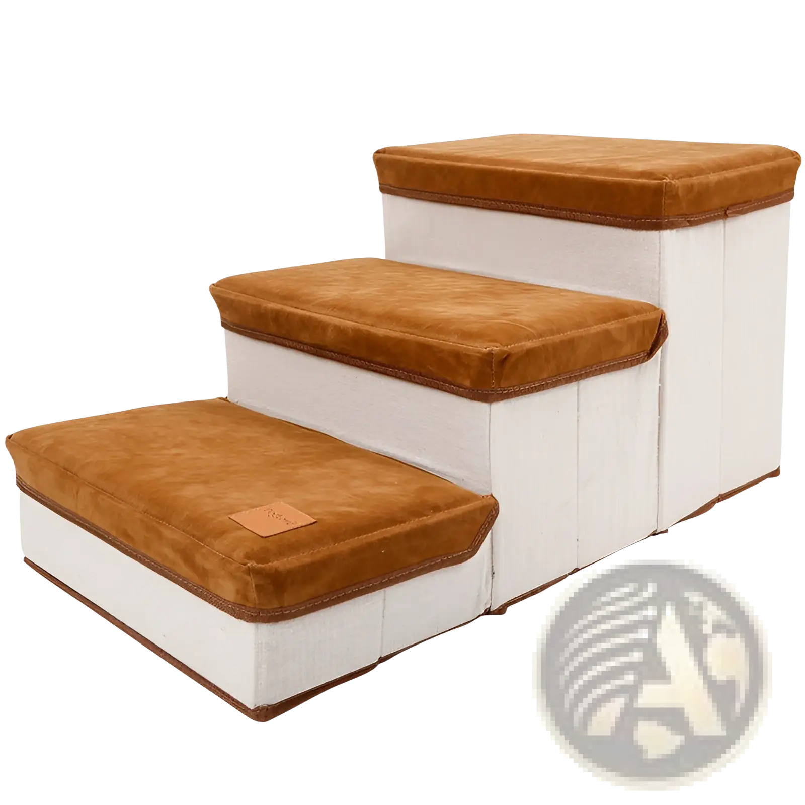 Foldable dog stairs with brown suede cushioned steps and white fabric sides with brown trim supporting 25kg capacity