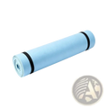 Light blue foldable EVA exercise mat rolled and secured with black straps for yoga and fitness use
