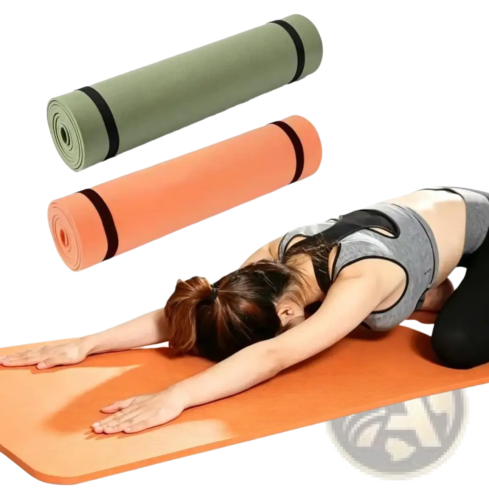 Orange foldable EVA exercise mat with black straps used for yoga and fitness by a woman in gray workout attire stretching