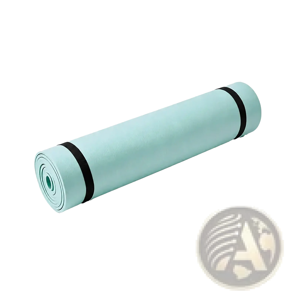Foldable eva yoga mat in mint green rolled and secured with black elastic bands for exercise and fitness use