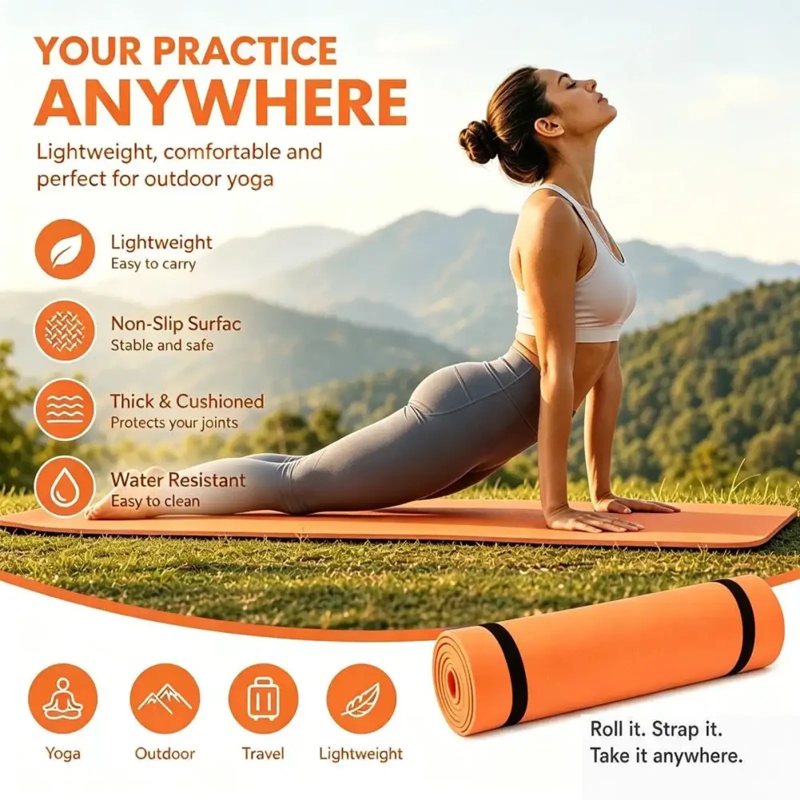Orange foldable EVA yoga mat with black straps designed for exercise and fitness use