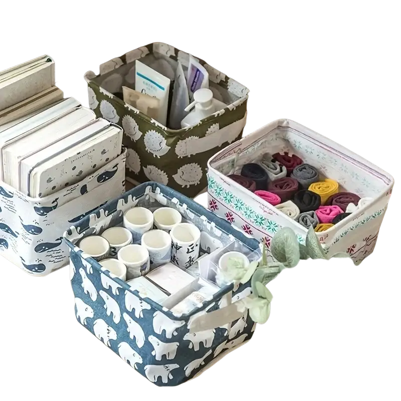 Foldable blue fabric storage basket with white polar bear prints and clear plastic insert for organized storage box use