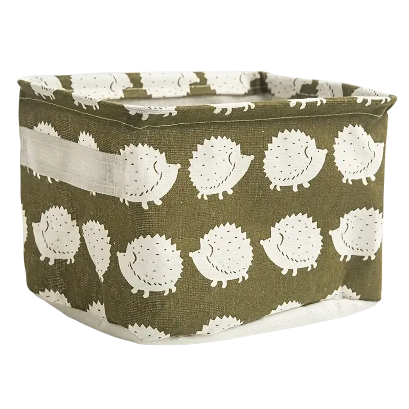 Olive green foldable fabric storage basket with white cartoon hedgehog pattern and matching white interior storage box