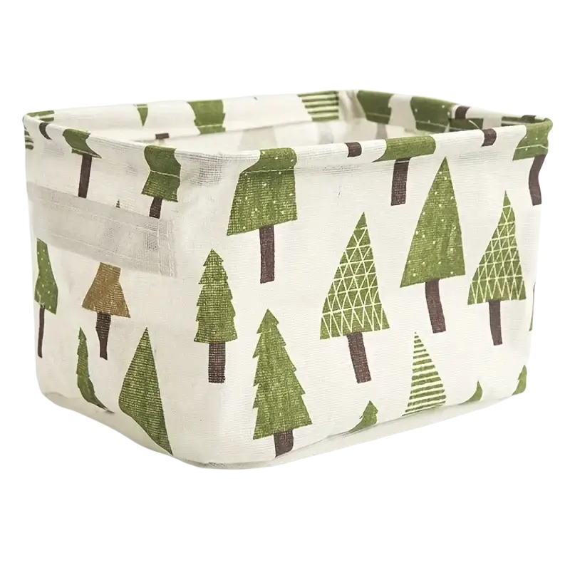 Foldable fabric storage basket in white with green and brown tree prints for versatile storage box use