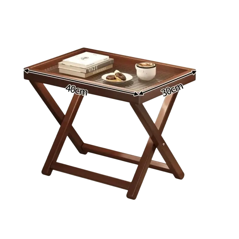 Brown wooden folding table with slatted top and x-shaped legs highlighting key product selling points