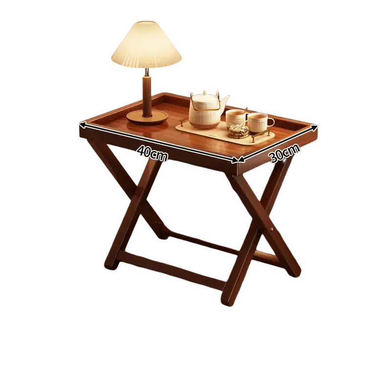 Dark brown wooden folding side table with x-shaped base and rectangular tray top showcasing product selling points