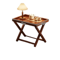 Dark brown wooden folding side table with x-shaped base and rectangular tray top showcasing product selling points