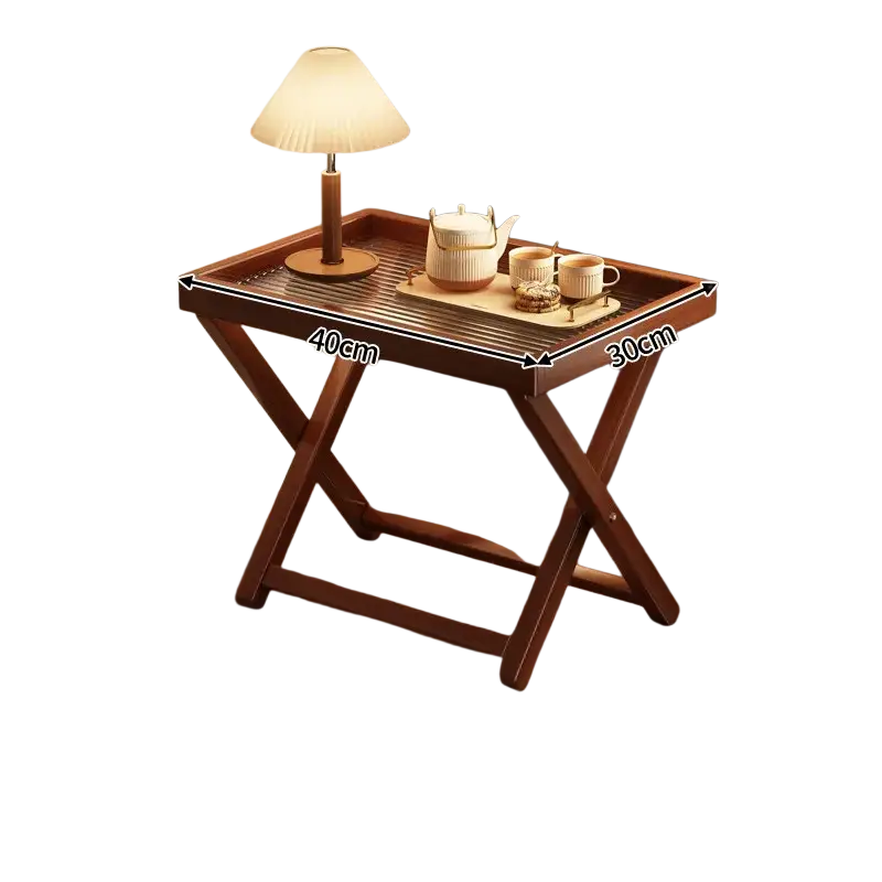 A dark brown wooden foldable glass side table with slatted top x-shaped legs and dimensions 40cm wide by 30cm deep highlighting product selling points