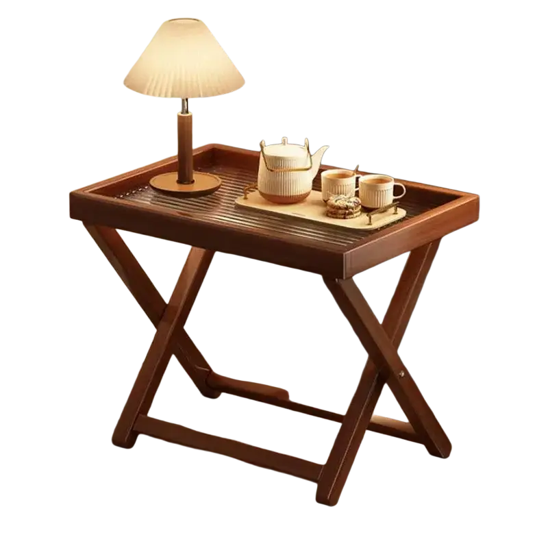 Foldable glass side table with a rich brown wooden frame, x-shaped base, and slatted top highlights key product selling points
