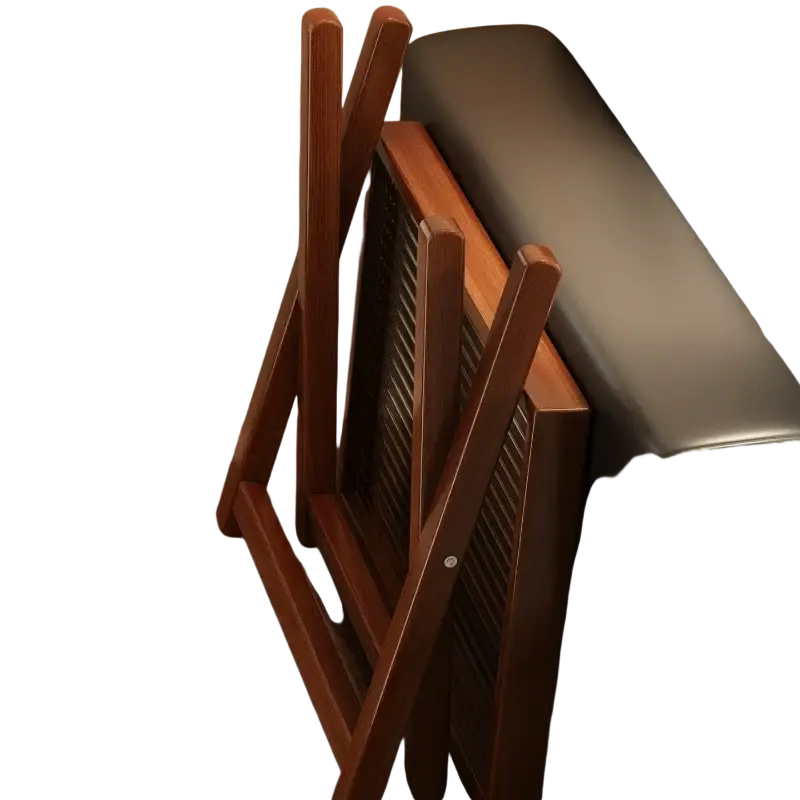 A sleek dark brown wooden folding side table with slatted design and sturdy legs highlights key product selling points