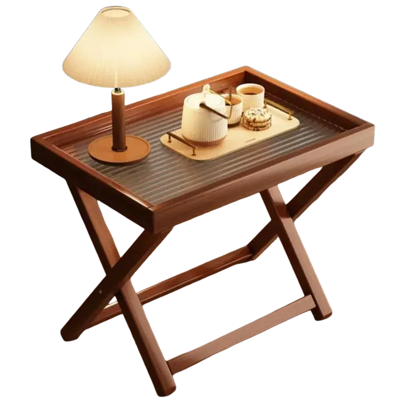 A sleek dark brown wooden foldable glass side table with x-shaped legs showcasing its product selling points