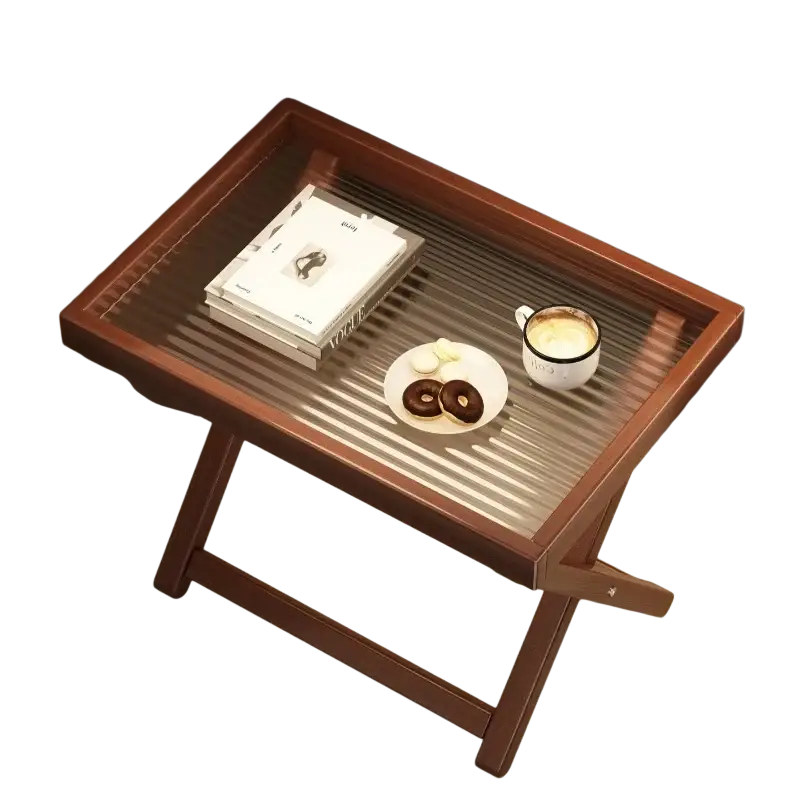 Foldable glass side table wood frame with a sleek brown wooden frame and transparent glass top featuring horizontal ridges