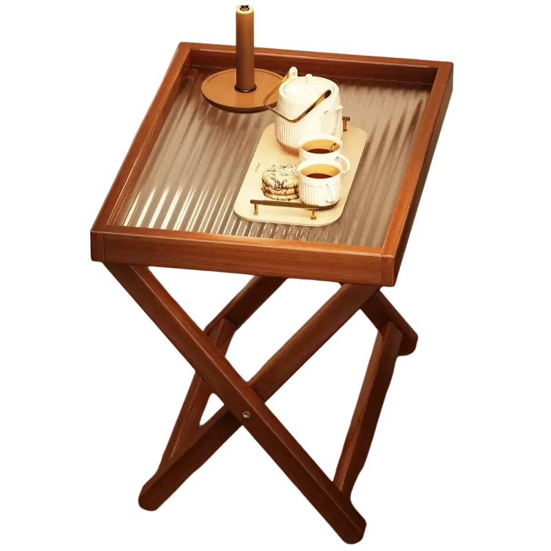 Foldable glass side table wood frame with a sleek rectangular shape transparent glass top and x-shaped wooden base highlights product selling points
