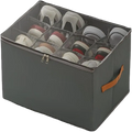 Foldable gray fabric shoe organizer with transparent compartments and an orange handle for closet storage