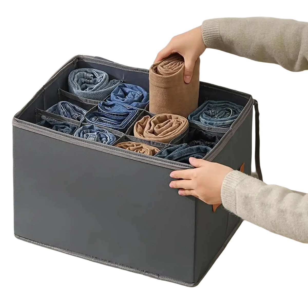 Foldable gray fabric shoe organizer with divided compartments holding rolled jeans and socks for closet storage