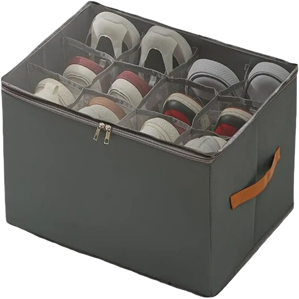 Foldable gray fabric shoe organizer with transparent compartments and tan leather handle for closet storage