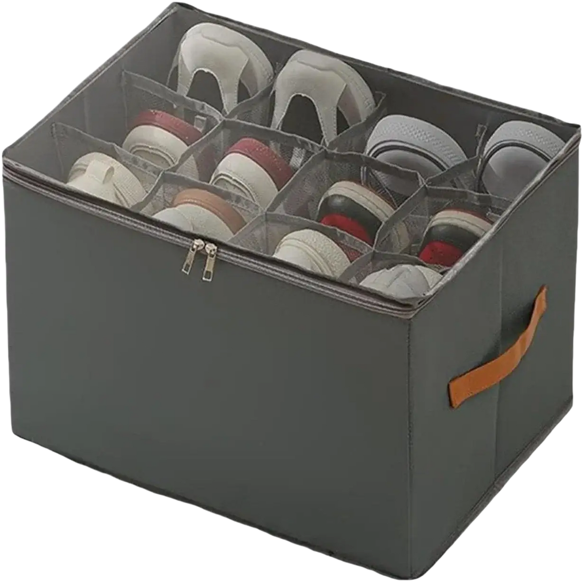 Foldable gray fabric shoe organizer with transparent compartments and tan leather handle for closet storage