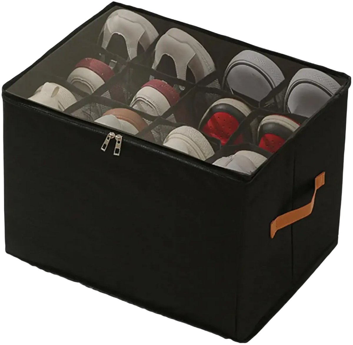 Black fabric shoe organizer with transparent lid and orange handle for foldable gray fabric closet storage