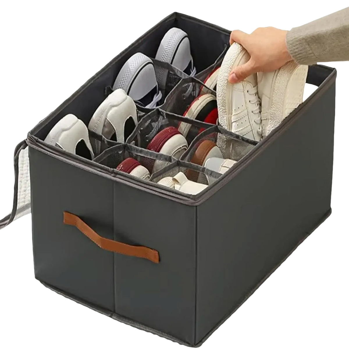 Foldable gray fabric shoe organizer with transparent mesh compartments and brown leather handle for closet storage