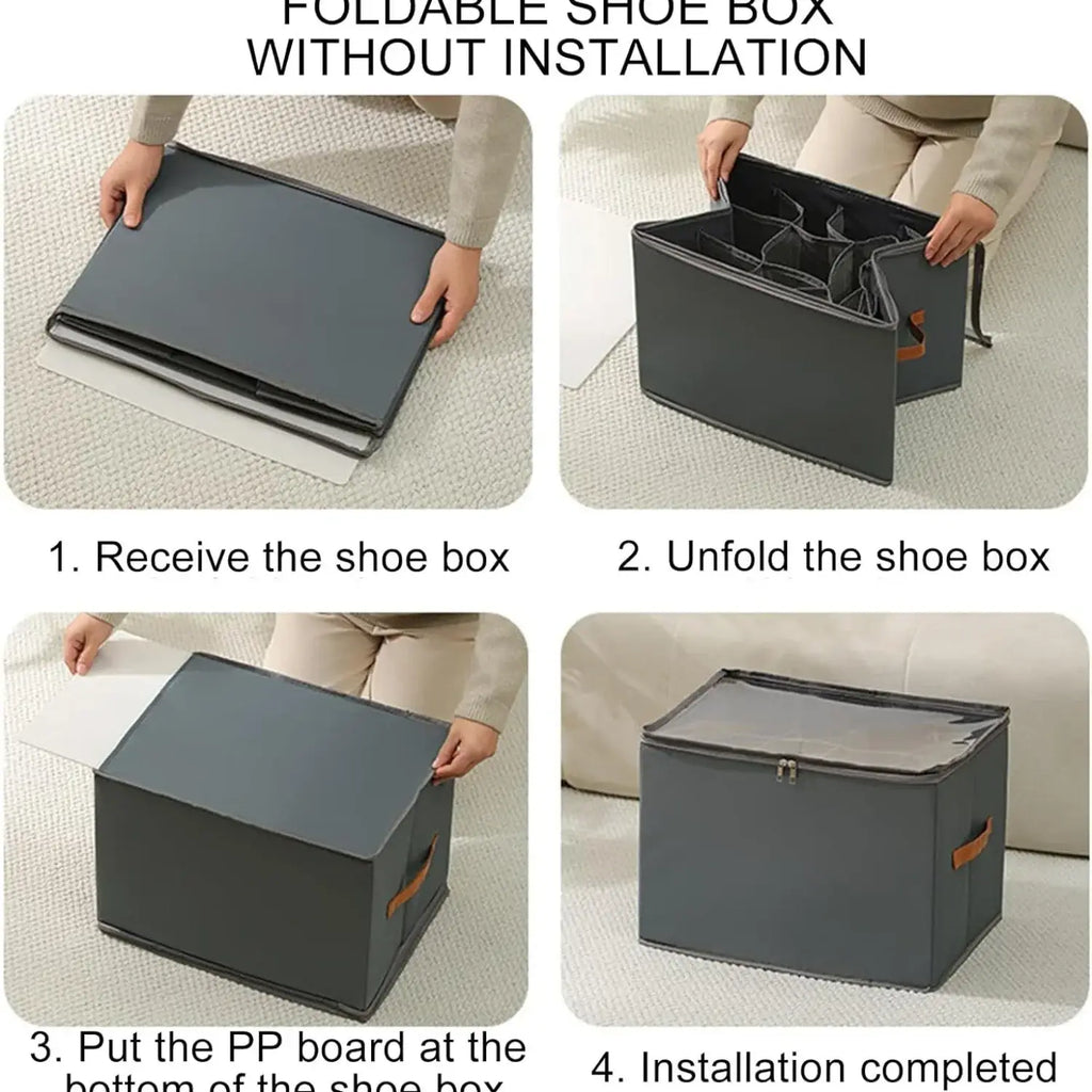 Foldable gray fabric shoe organizer with dark gray foldable box, brown leather-like handles, and clear plastic lid for storage