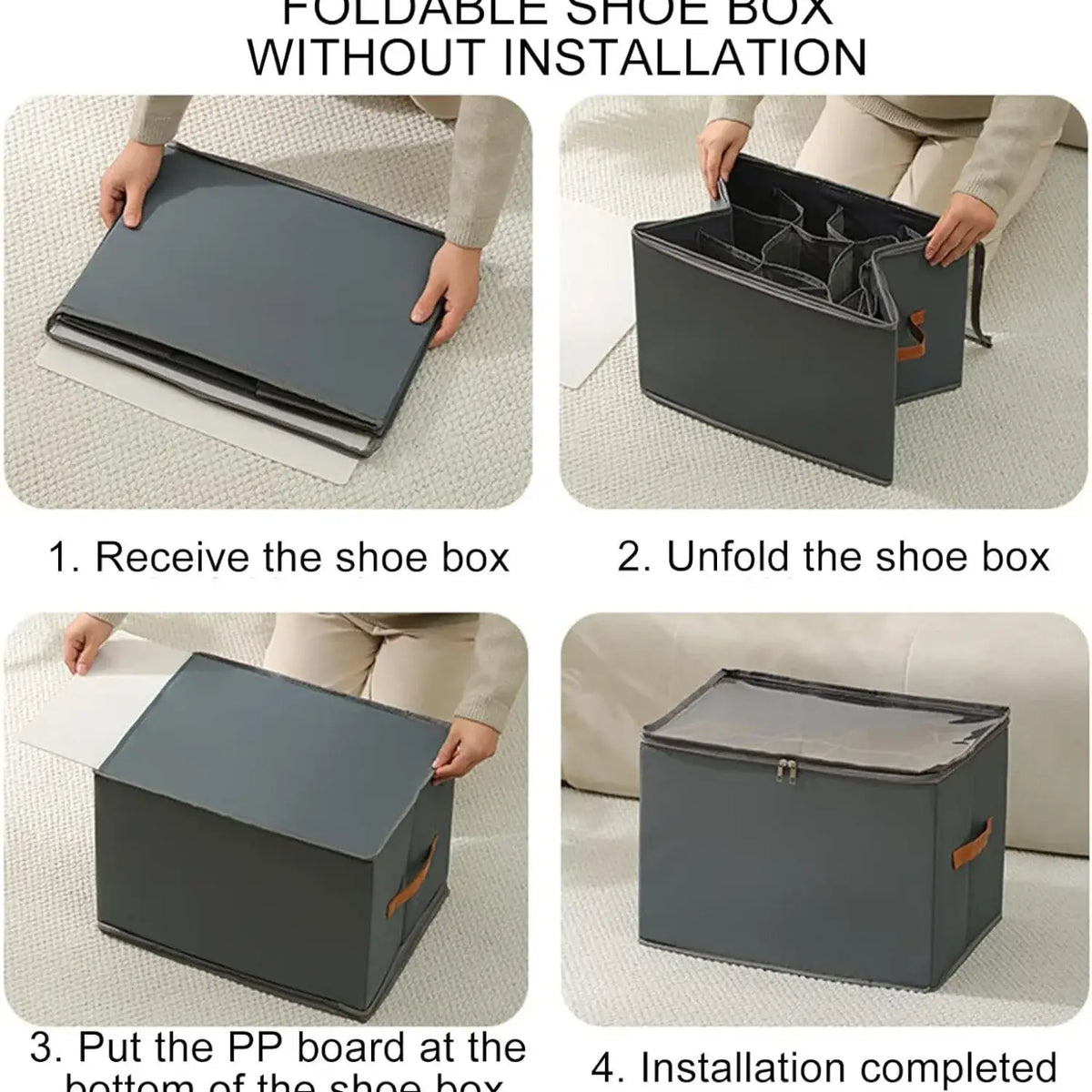 Foldable gray fabric shoe organizer with dark gray foldable box, brown leather-like handles, and clear plastic lid for storage