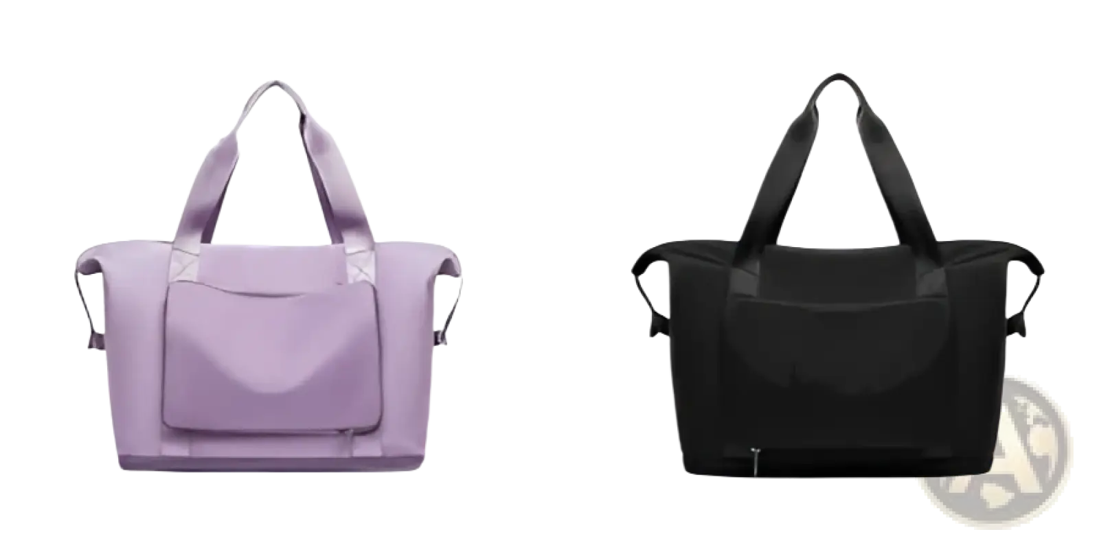 Lavender and black foldable gym bags with reinforced handles zippered front pockets and shoe pocket for travel use
