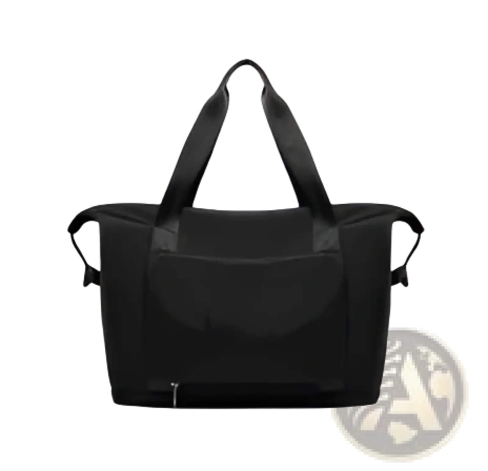 Black nylon foldable gym duffel bag with dual top handles side pockets and waterproof travel shoe compartment