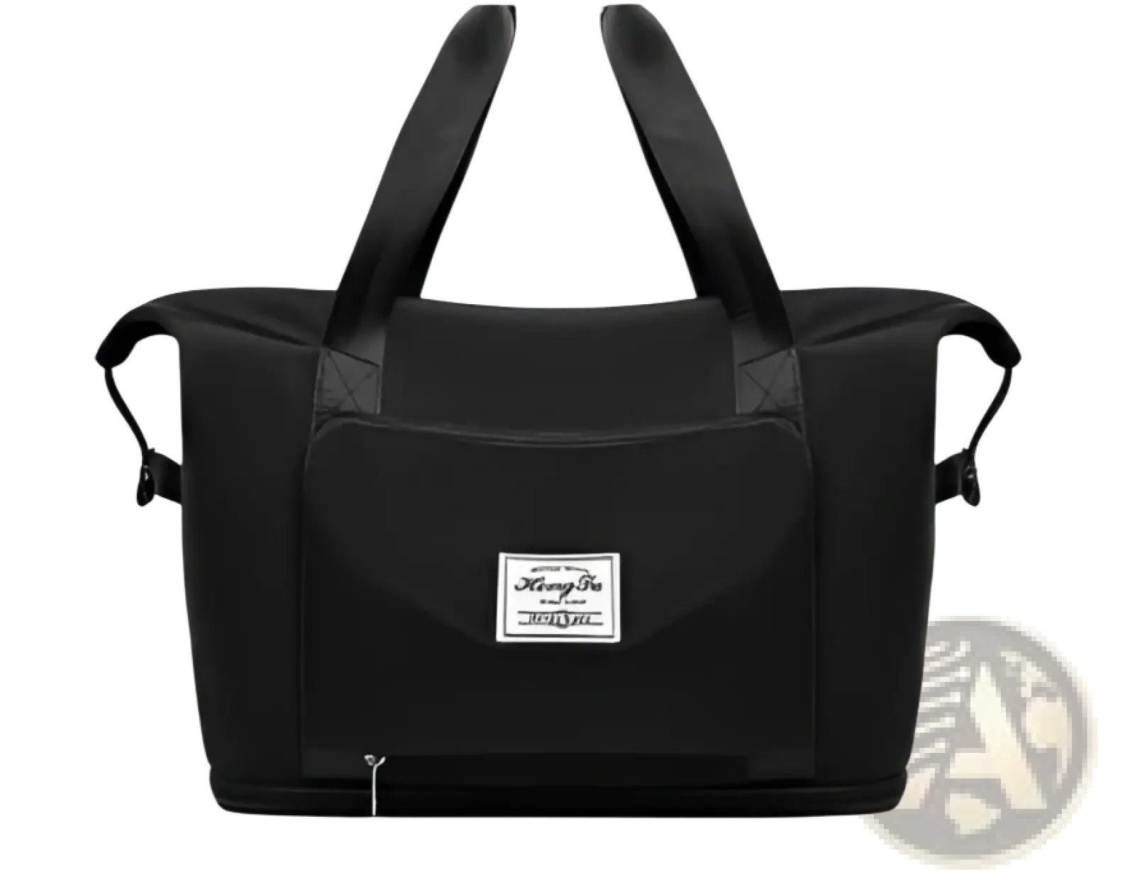 Black nylon foldable gym bag with reinforced handles waterproof travel duffel featuring a front patch pocket