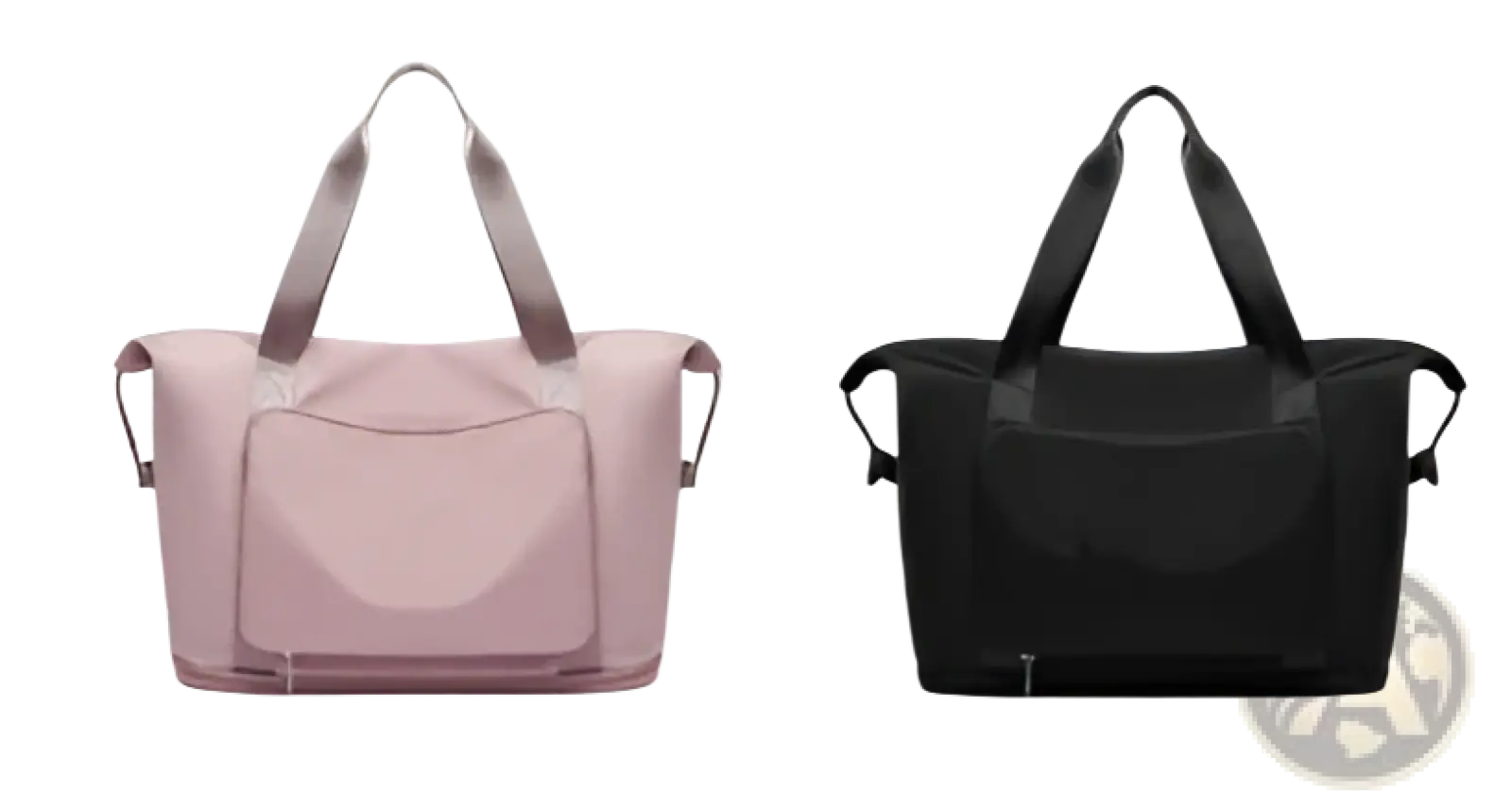 Foldable gym bag waterproof travel duffel with shoe pocket in soft pink and solid black featuring minimalist design