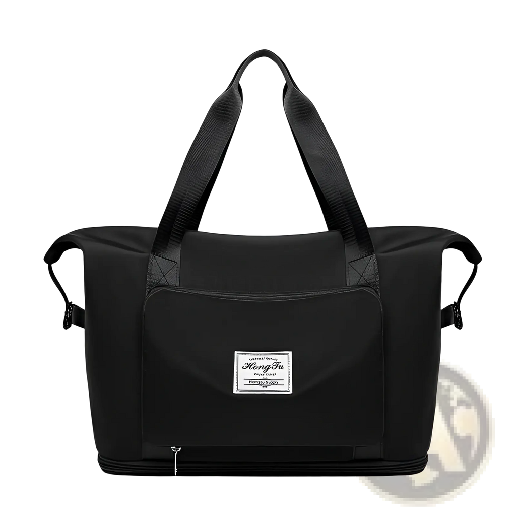 Black nylon foldable gym bag with reinforced handles and branded patch designed as waterproof travel duffel with shoe pocket