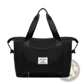 Black nylon foldable gym bag with reinforced handles and branded patch designed as waterproof travel duffel with shoe pocket