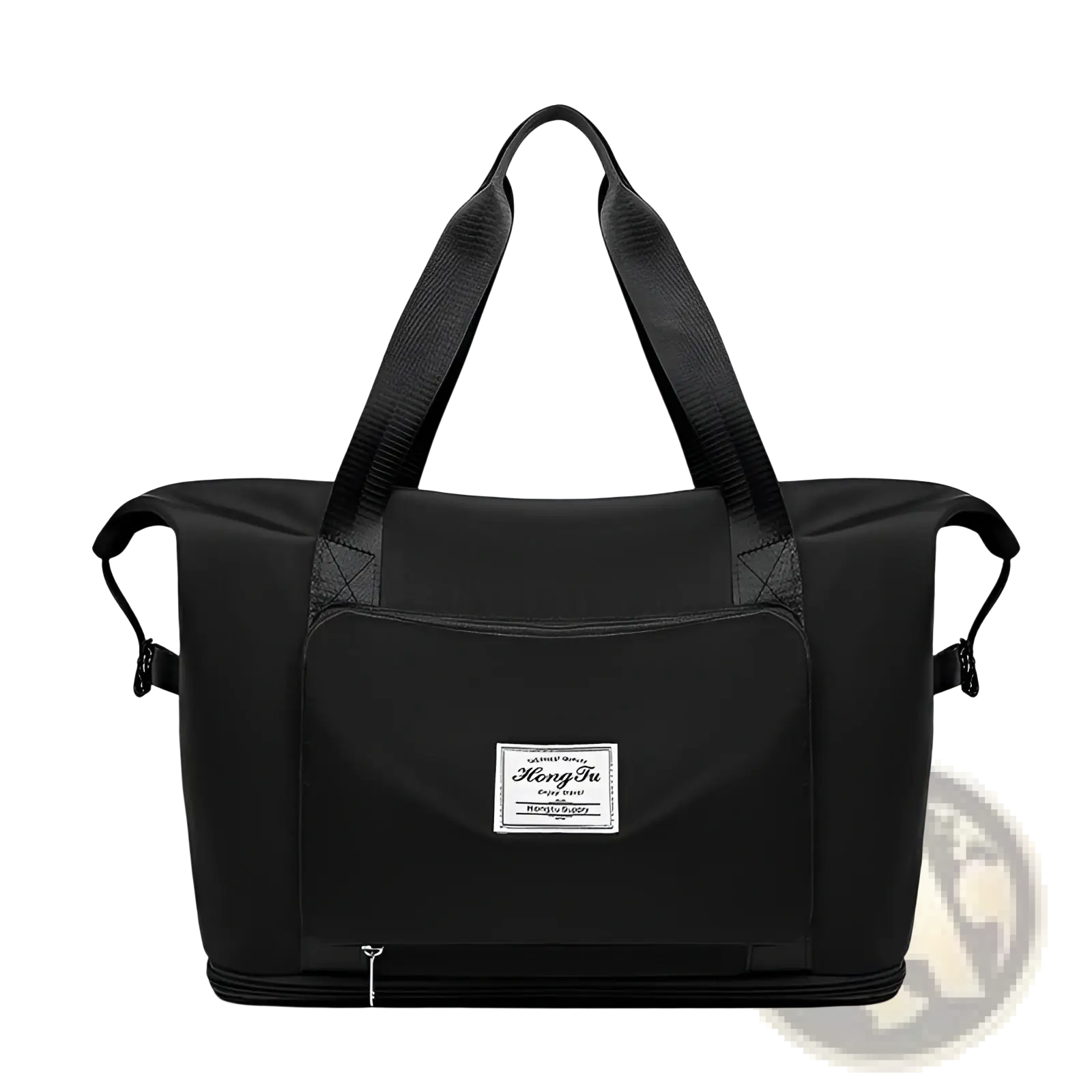 Black nylon foldable gym bag with reinforced handles and branded patch designed as waterproof travel duffel with shoe pocket