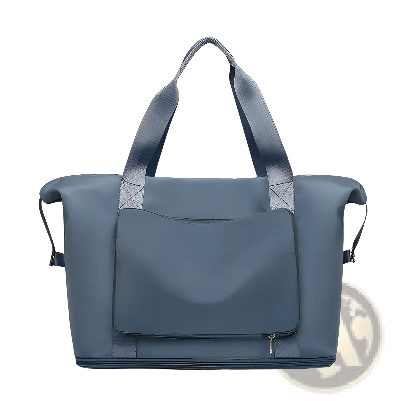 Dark gray nylon foldable gym bag with reinforced handles front zippered pocket and waterproof travel duffel shoe pocket