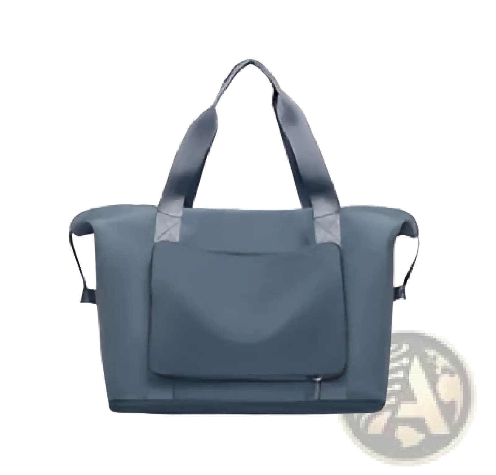 Gray nylon foldable gym bag with reinforced handles front zippered pocket and waterproof travel duffel design