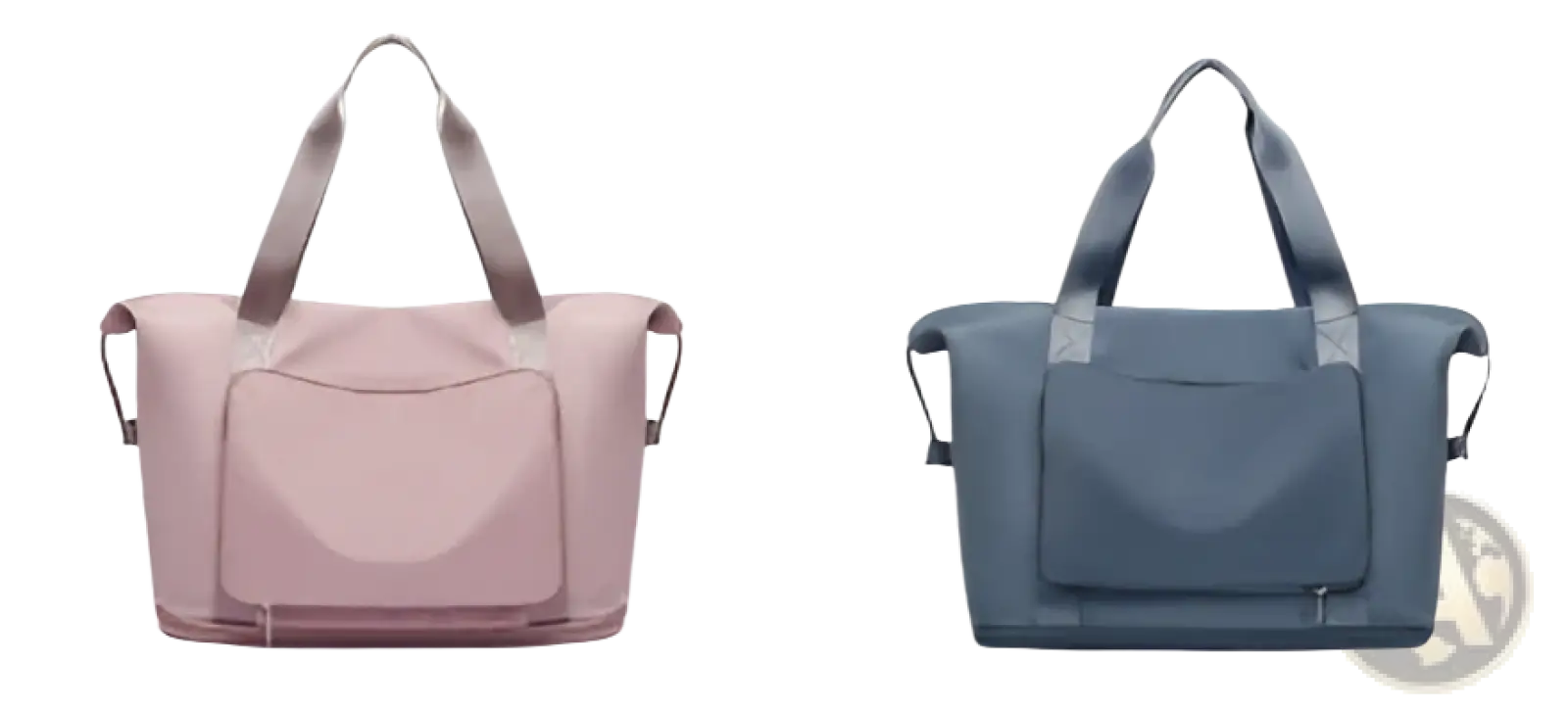 Foldable gym bags waterproof travel duffels in soft pink and muted blue gray with sturdy handles and front pockets