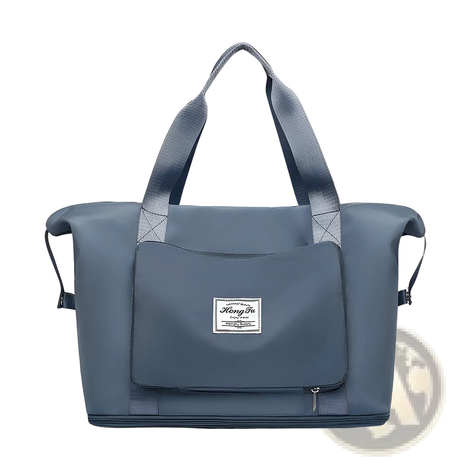 Gray nylon foldable gym bag with reinforced handles front patch pocket and waterproof travel duffel with shoe pocket