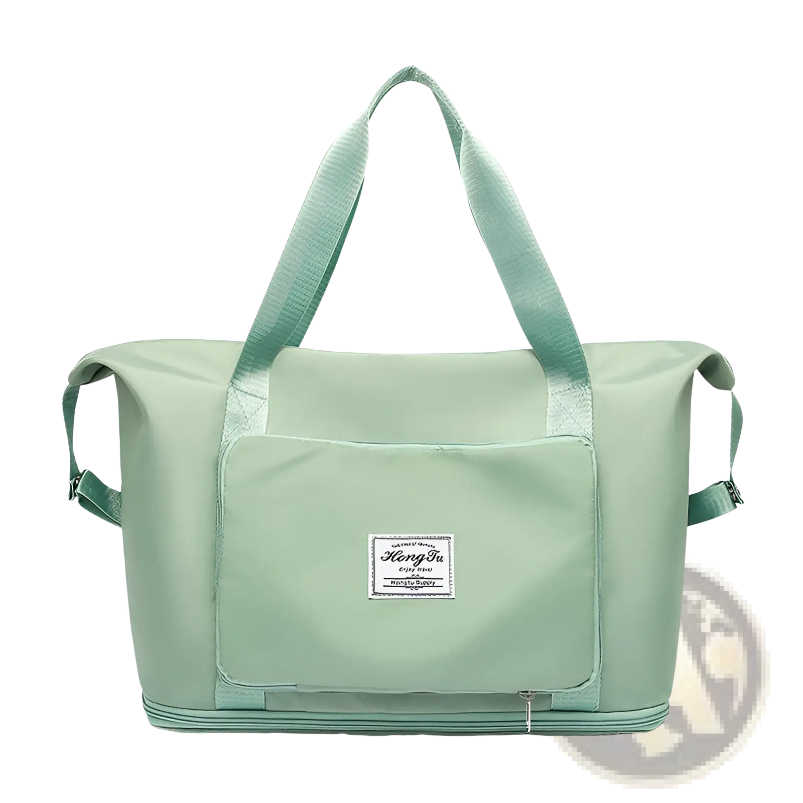 Mint green foldable gym bag made of waterproof fabric with reinforced handles and branded patch on front travel duffel