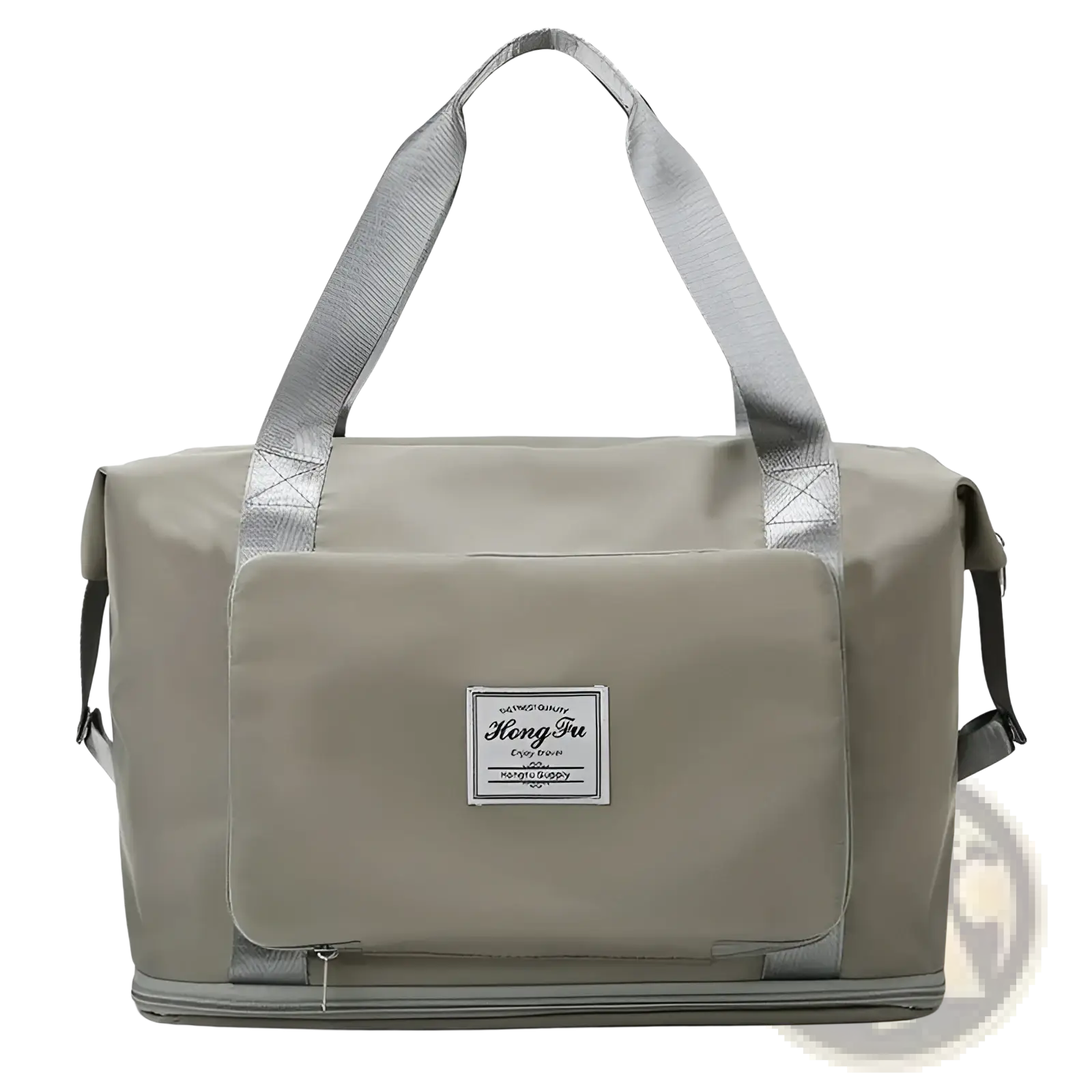 Beige hong fu foldable gym bag waterproof travel duffel with gray reinforced handles and shoe pocket details