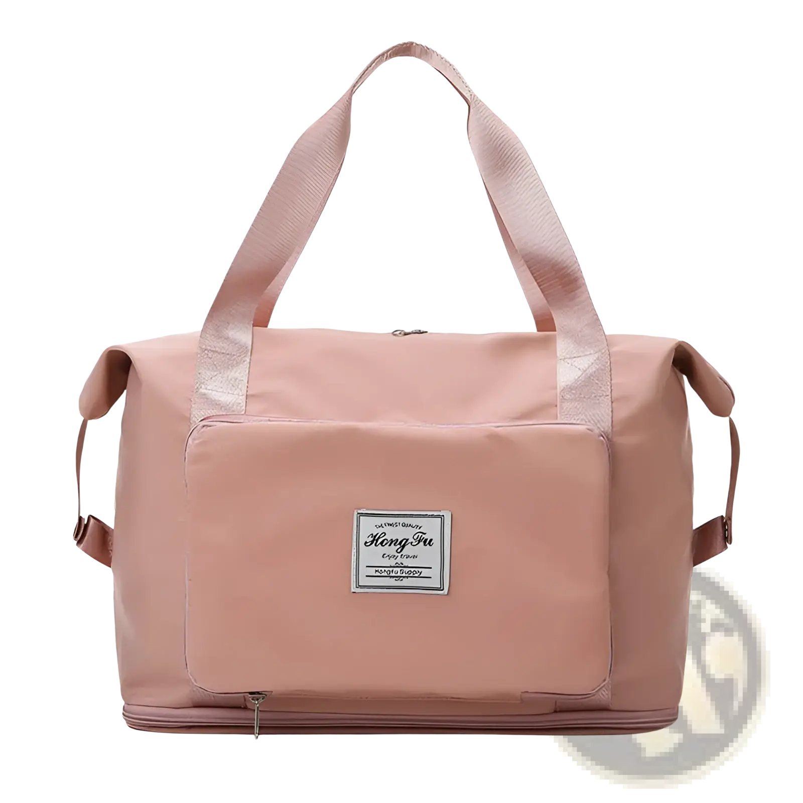 A soft pink foldable gym bag waterproof travel duffel with reinforced handles and shoe pocket for easy carrying