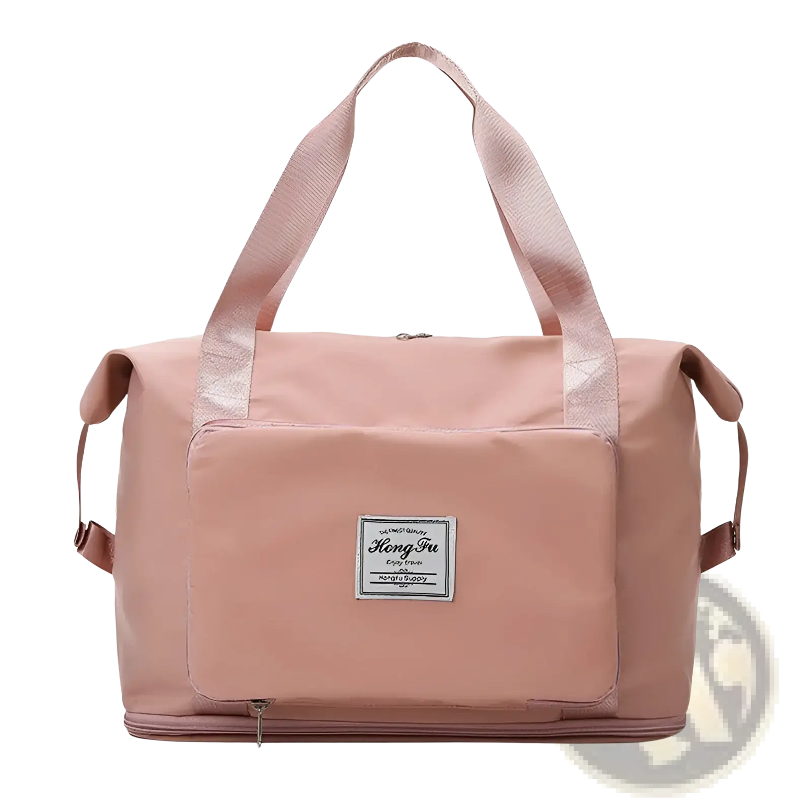 A soft pink foldable gym bag made of lightweight waterproof material with reinforced handles and a shoe pocket for travel